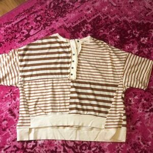 Peach Love Striped Brown and Cream Short Sleeve SweatShirt